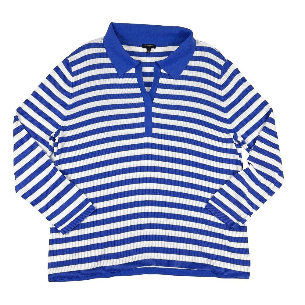 Talbots Ribbed Johnny Collar Striped Top Women 2X Blue Coastal Nautical Preppy